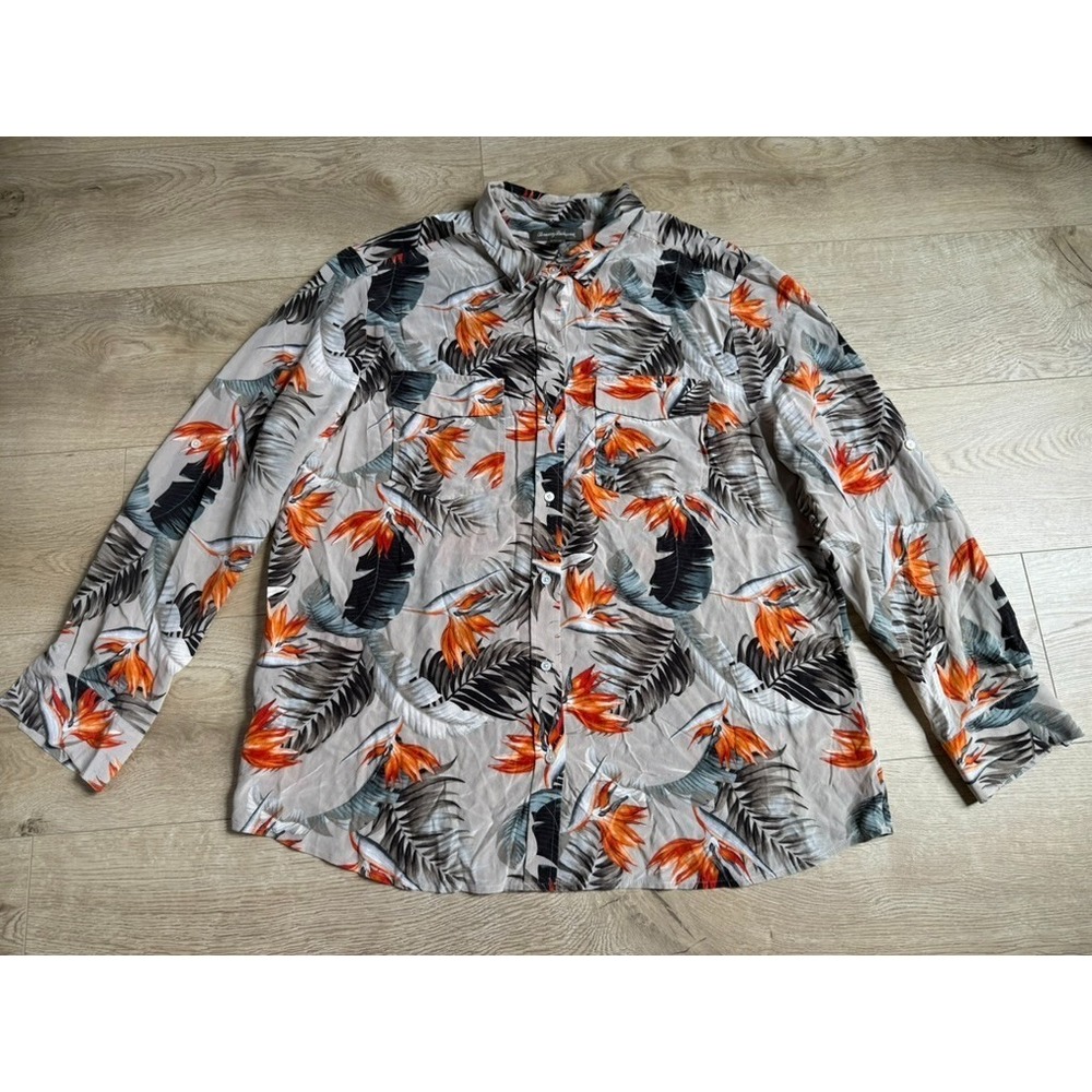 EUC Mens Tommy Bahama long sleeve 100% silk palm roll tab button up hawaiian XL